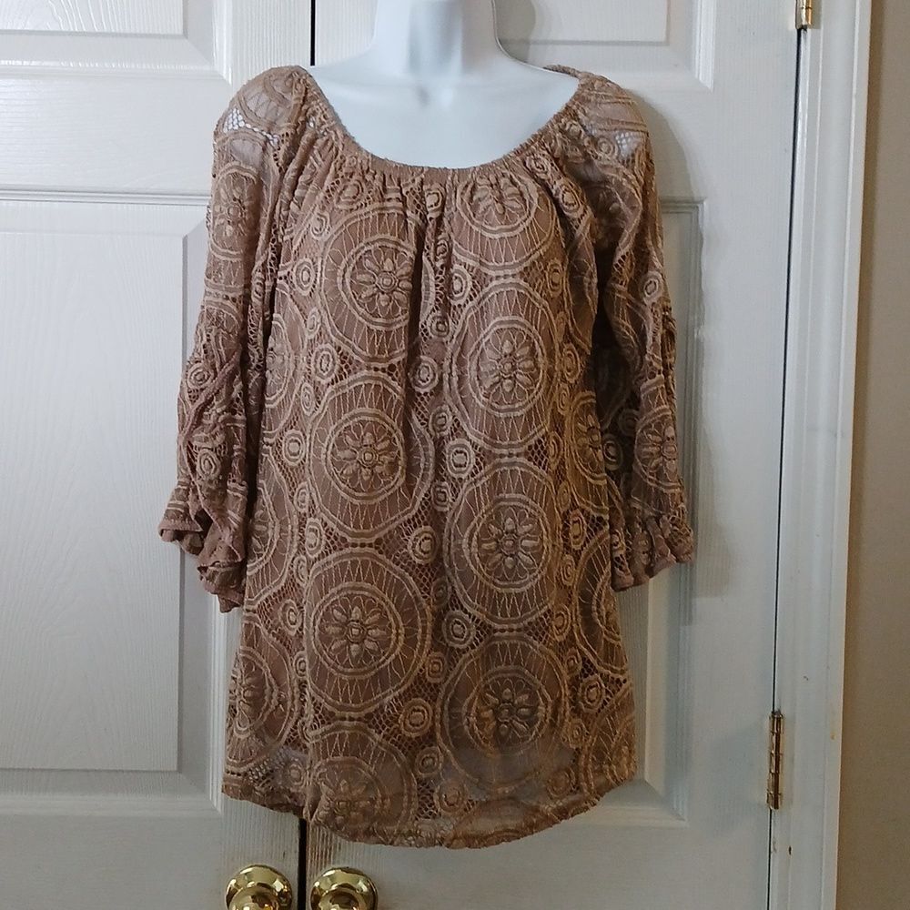 Lildy tan full lace off the shoulder tunic  casual dress up bell sleeve Sz S-M
